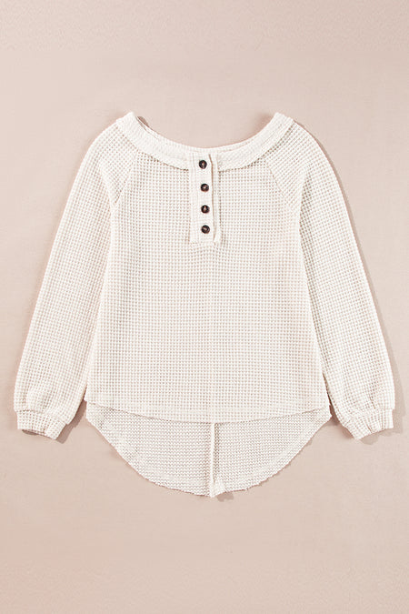 Waffle Knit Buttoned Front Raglan Sleeve Loose Blouse