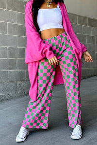 2-Tone Checked Print High Waist Wide Leg Pants