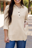 Waffle Long Sleeve Collar Half Button Loose Top