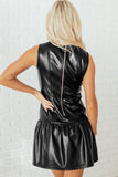 PU Leather Ruffle Hem Sleeveless Mini Dress