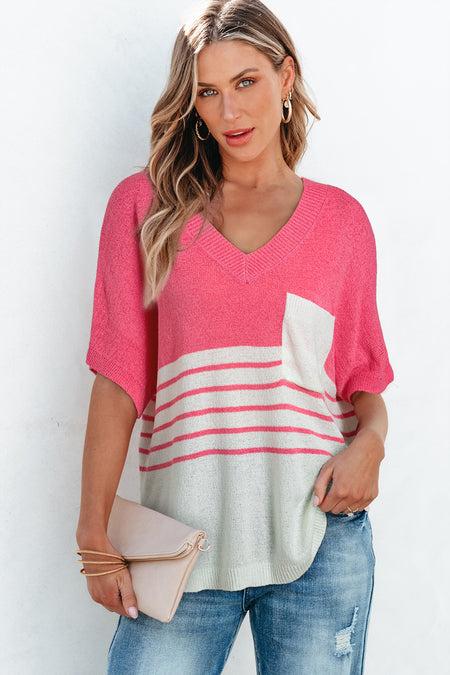 Contrast Stripes V Neck Knitted Short Sleeve Top