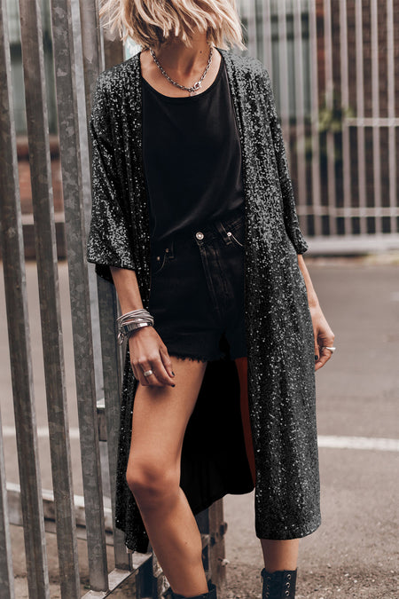 Sequin 3/4 Sleeve Open Front Duster Kimono