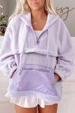 Zipped Patch Pocket Fuzzy Drawstring Hoodie