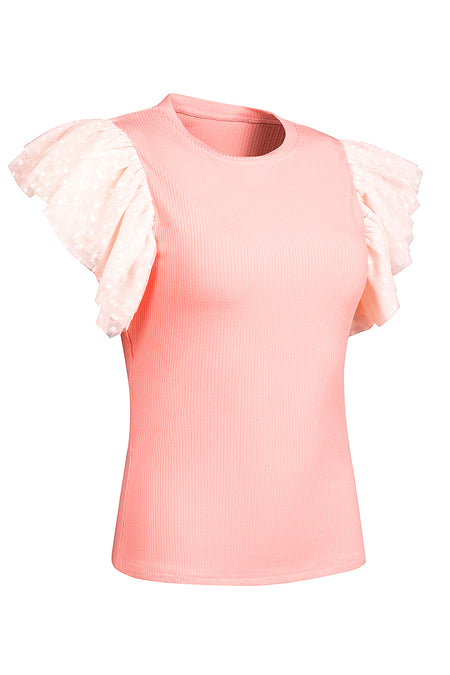 Dotty Mesh Ruffle Sleeve Ribbed Knit Top