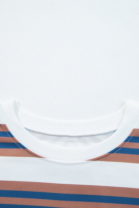 Brown Stripe Crew Neck Drop Shoulder Pullover Sweatshirt