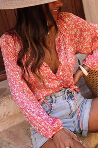 Bubble Sleeve Floral Shirt with Lace up