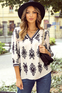 Printed 3/4 Sleeve V Neck Blouse