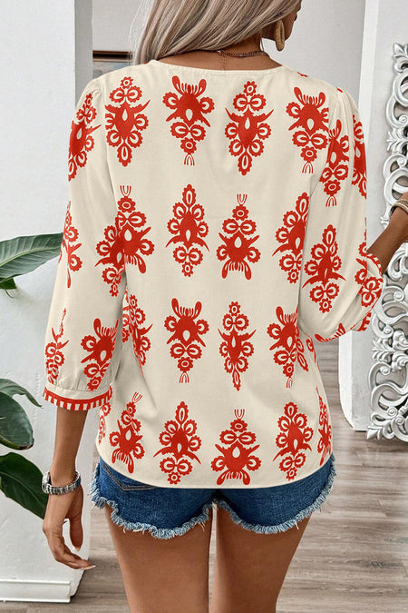 Printed 3/4 Sleeve V Neck Blouse