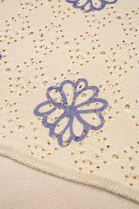 Flower Print Eyelet Drop Shoulder Sweater