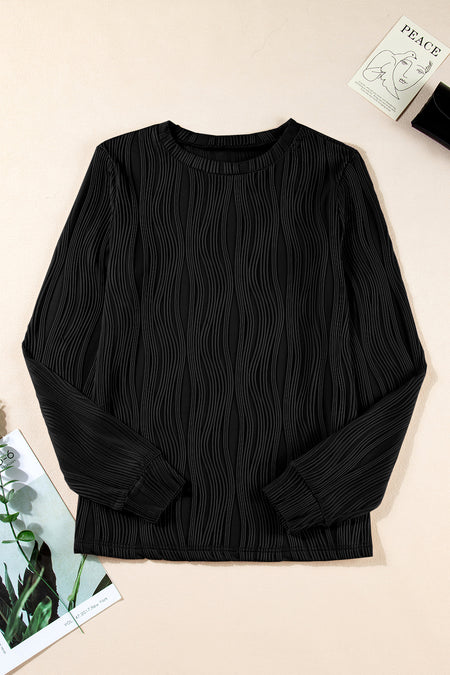 Textured Wavy Round Neck Long Sleeve Top