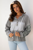 Gray Waffle Printed Patchwork Drawstring Hooded Long Sleeve Top
