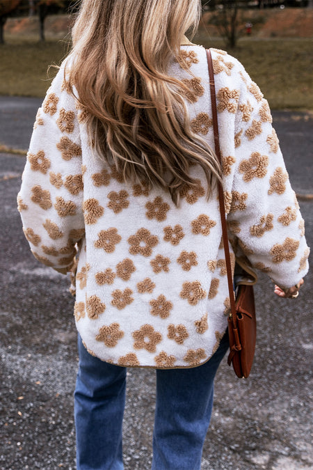 Cute Flower Pattern Button Up Fleece Jacket