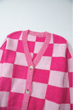 Checkered Drop Shoulder Buttoned V Neck Cardigan