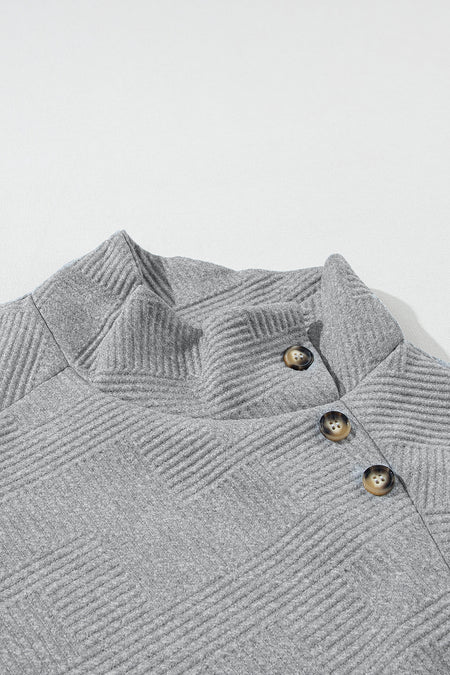 Asymmetric Buttons Detail High Neck Textured Sweatshirt