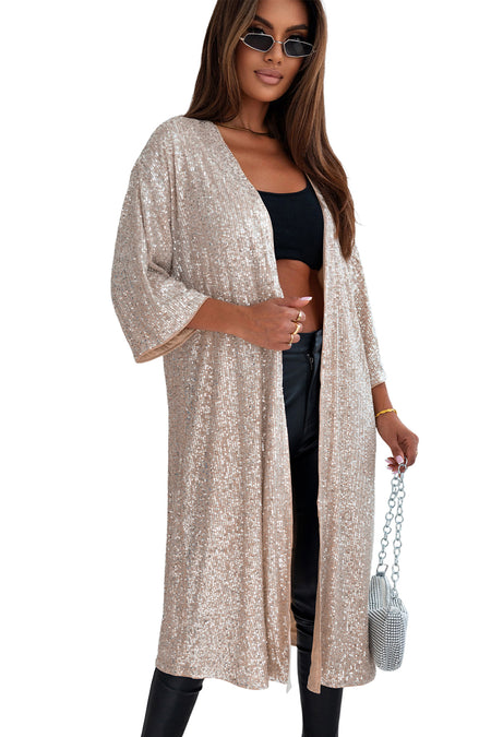 Sequin 3/4 Sleeve Open Front Duster Kimono