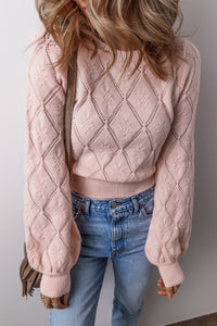 Openwork Plaid Puff Sleeve Cropped Sweater