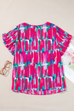 Rose Plus Size Abstract Print Ruffled Petal Sleeve Blouse