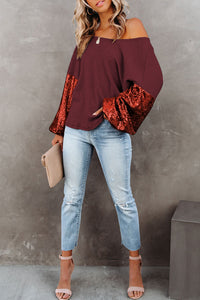 Sequin Patchwork Sleeve Open Back Waffle Knit Top