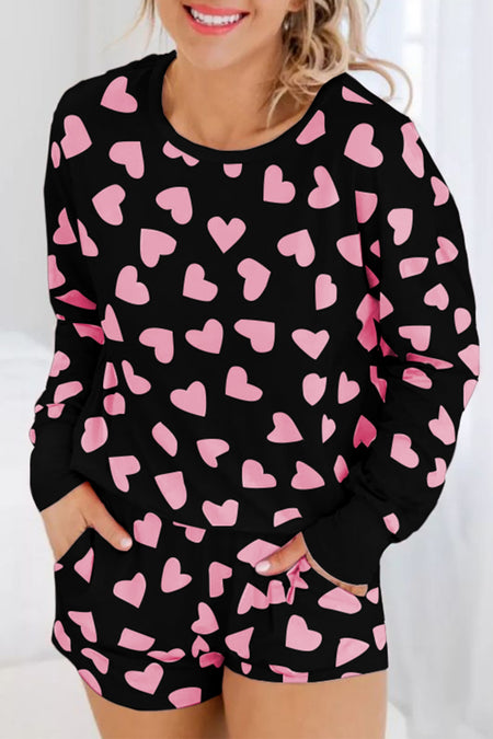 Valentine Heart Shape Print Long Sleeve Top Shorts Lounge Set