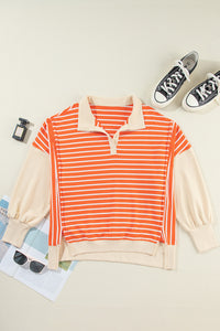 Color Block Loose Fit Collared Drop Shoulder Sweatshirt