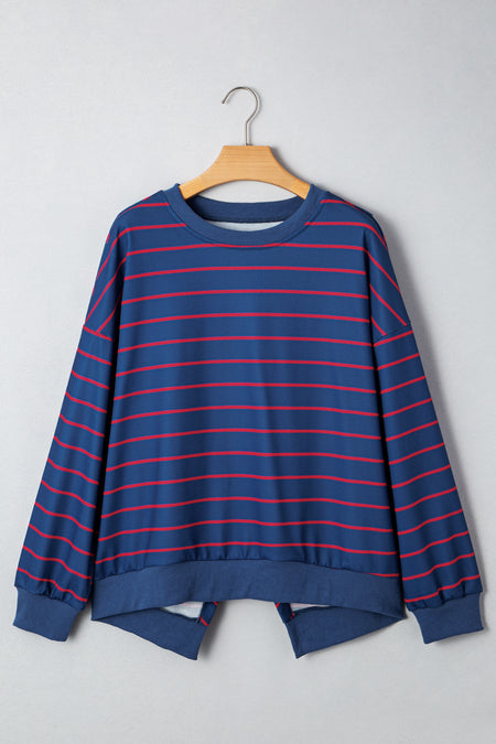 Stripe Stylish Overlap Detail Drop Shoulder Pullover Sweatshirt