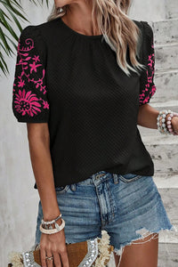 Floral Embroidered Textured Puff Sleeve T Shirt
