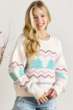 Christmas Tree Ribbed Trim Drop Shoulder Sweater