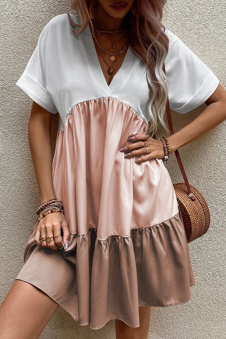 Triple Colors V Neck Folded Cuffs Tiered Loose Dress