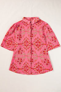 Rose Red Floral Print Wide Short Sleeve Loose Shirt