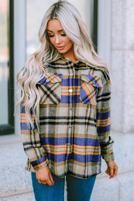 Geometric Plaid Print Pocketed Shacket