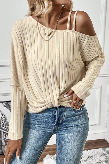 Asymmetrical Neck Cold Shoulder Twisted Knit Ribbed Top