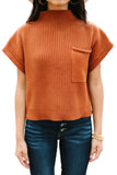 Patch Pocket Ribbed Knit Short Sleeve Sweater