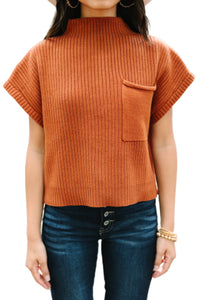 Patch Pocket Ribbed Knit Short Sleeve Sweater