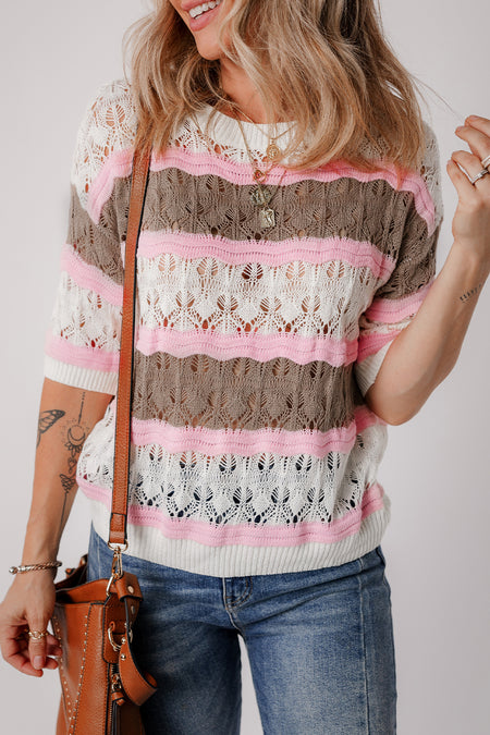 Color Block Crochet Half Sleeve Sweater