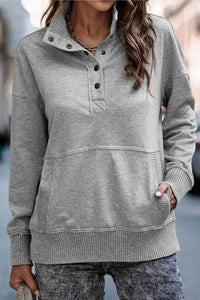 White Ribbed Hem Snap Button Neckline Sweatshirt with Pocket