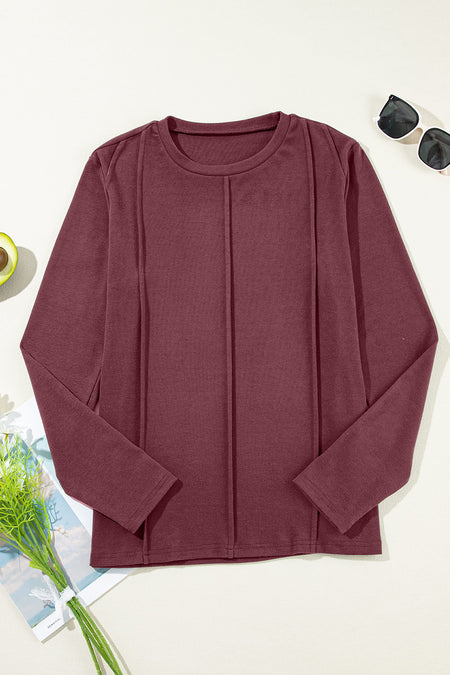 Solid Exposed Seam Crew Neck Long Sleeve Top