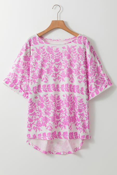 Floral Printed Curved Hem Plus Size T Shirt