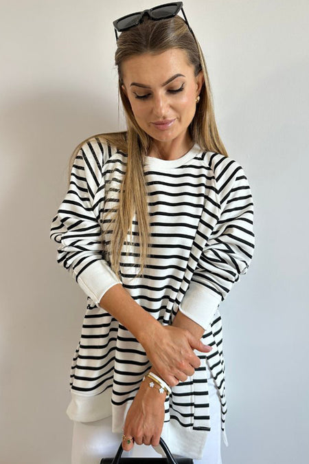 Stripe Raglan Sleeve Side Slits Loose Sweatshirt