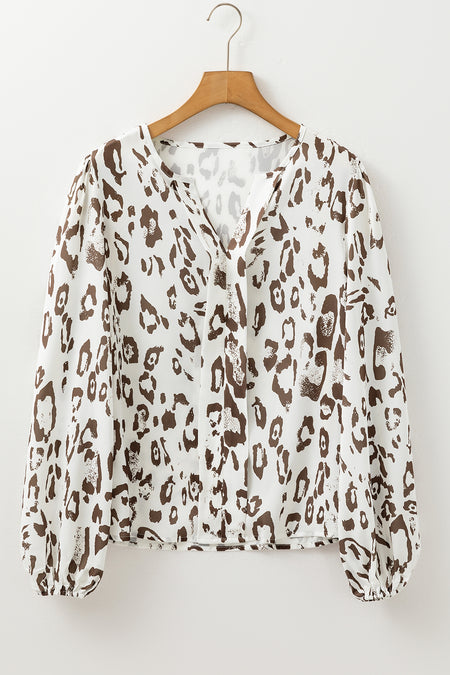 Leopard Print Split Neck Balloon Sleeve Blouse