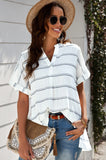 Striped Loose V-Neck Short Sleeve Shirt with Sits