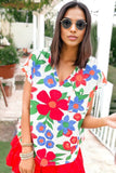 Flower Print Chest Pocket V Neck Blouse