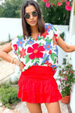 Flower Print Chest Pocket V Neck Blouse