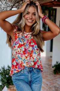 Frilled Neck Pleated Boho Floral Tank Top