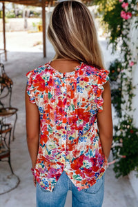 Frilled Neck Pleated Boho Floral Tank Top