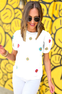 White Embroidered Flower Short Puff Sleeve Tee