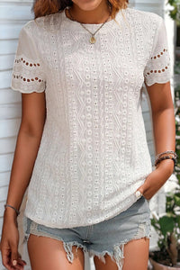 Eyelet Embroidery Scalloped Short Sleeve Top