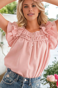 Blossom Shirring Buttoned Neck Ruffle Sleeve Blouse