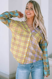 Yellow Mixed Plaid Long Sleeve V Neck Buttoned Shirt