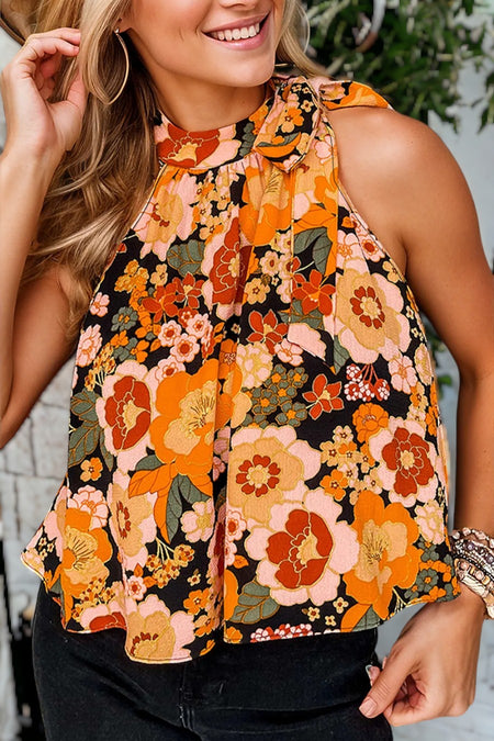 Floral Print Knotted Halter Neck Sleeveless Top