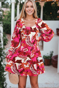 Floral Print Smocked Square Neck Bubble Sleeve Dress